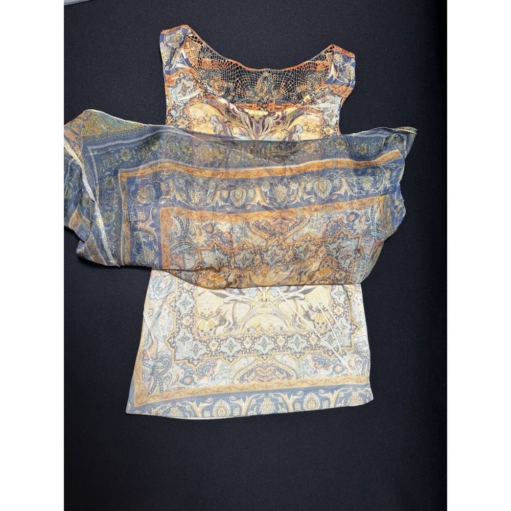 One World Live Let Live Boho Tank Top M Paisley Lace Back Asym Hem Sheer Tunic - Picture 4 of 7